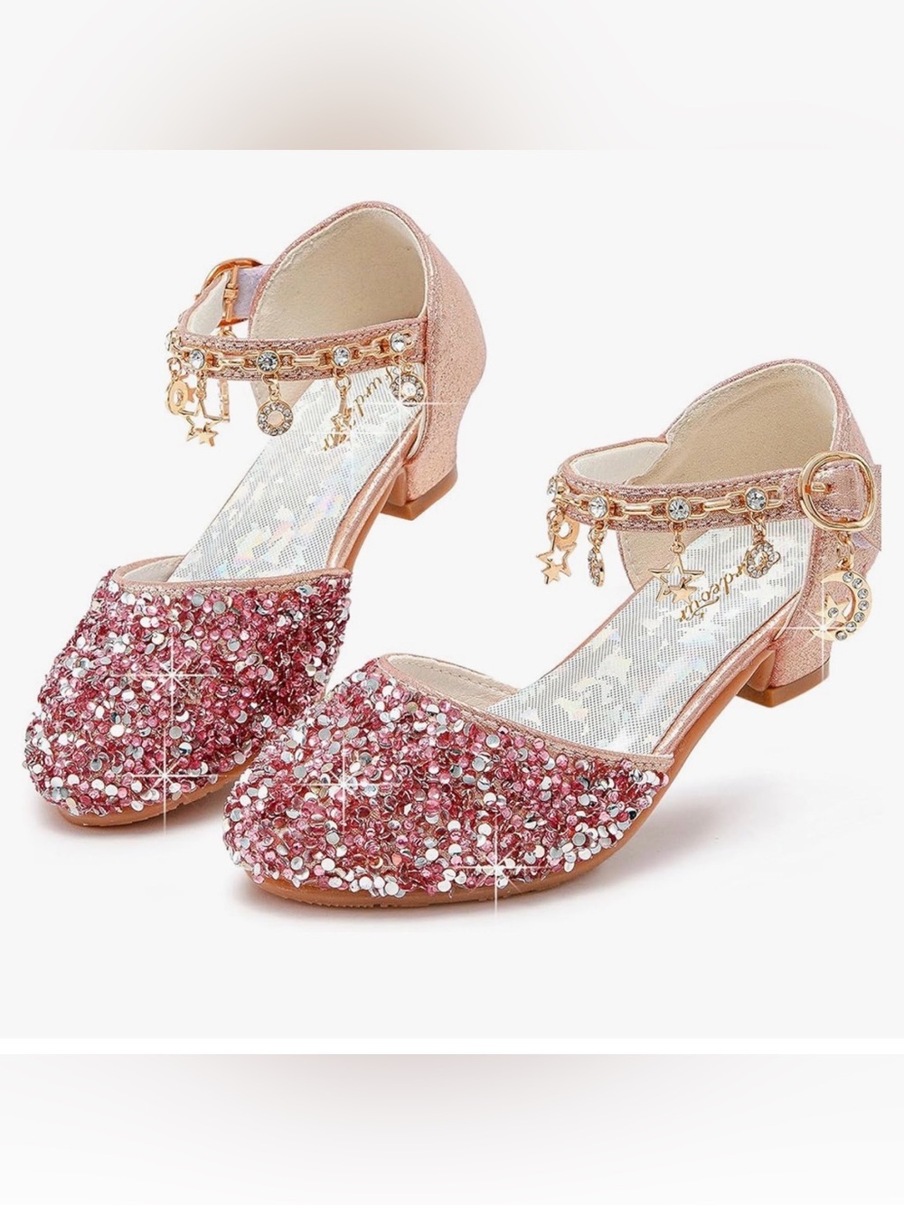 Kids' Pink Glitter Gemstone Mary Jane Heels with Charm Anklet